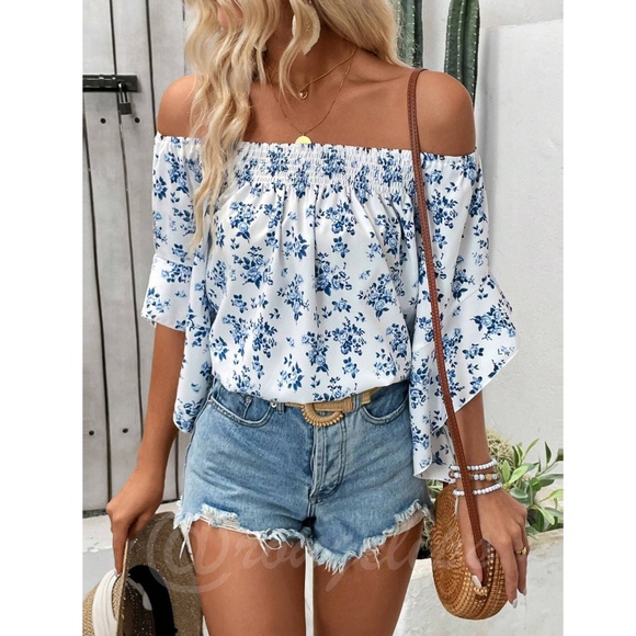 White Blue Floral Off Shoulder Top Flounce Ruffle Sleeve - Picture 6 of 7